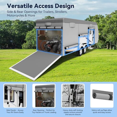 Heavy Duty Travel Trailer RV Cover 14-16ft, 8 Layers Breathable Waterproof Rip-Stop Camper Cover with Adhesive Repair Patches, Gutter, Tire & Additional Straps in Kuwait