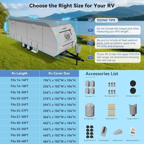 Heavy Duty Travel Trailer RV Cover 14-16ft, 8 Layers Breathable Waterproof Rip-Stop Camper Cover with Adhesive Repair Patches, Gutter, Tire & Additional Straps in Kuwait