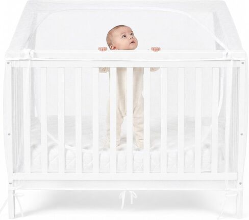Crib Mosquito Net Cover for Full Size Crib | Breathable see-through mesh, 4 toggle buttons & 6 bottom straps secure fit, top dual-zipper for easy access in Kuwait