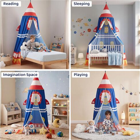 MABOZOO Rocket Bed Canopy for Kids, Blue Space Play Tent, Mosquito Net | 98x23 in, Reading Nook, Boys Room Decor, Easy Install, Gift for Kids, Bedroom, Playroom & Floor Bed in Kuwait