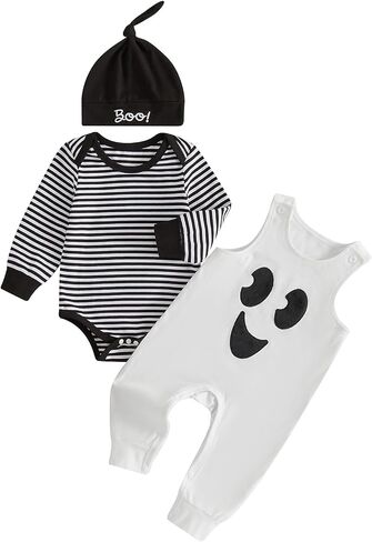 Hnyenmcko Newborn Baby Boy Clothes Fall Striped Romper Overalls Pants Set | Infant Fall Winter 3Pcs Outfit Set, 0-18M, Mama's Boy/Dad's Little Dude Letter Embroidery, Long Sleeve, Suspender Pants in Kuwait