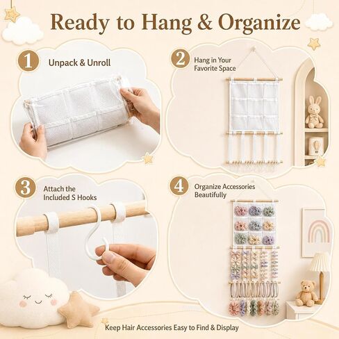 Headband Holder, Hair Bow Organizer for Girls, Large Capacity Pre-Assembled Hair Accessories Display for Headbands, Bows, Clips & Scrunchies, Wall Hanging Nursery Room Decor in Kuwait