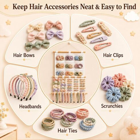 Headband Holder, Hair Bow Organizer for Girls, Large Capacity Pre-Assembled Hair Accessories Display for Headbands, Bows, Clips & Scrunchies, Wall Hanging Nursery Room Decor in Kuwait
