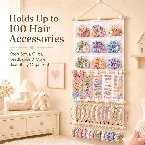 Headband Holder, Hair Bow Organizer for Girls, Large Capacity Pre-Assembled Hair Accessories Display for Headbands, Bows, Clips & Scrunchies, Wall Hanging Nursery Room Decor in Kuwait