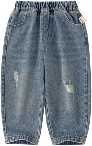Baby and Toddler Boys' Ripped Barrel Jeans Pull-On Denim Pants | Soft denim, flexible elastic waist, roomy tapered fit for easy movement, four functional pockets in Kuwait
