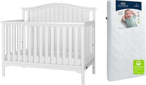 HALO® Hampton Arch Top 4‑in‑1 Convertible Crib in Matte White + DreamWeave™ Breathable Crib Mattress Set in Kuwait
