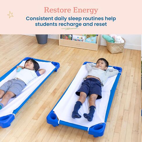 ECR4Kids Stackable Kiddie Cots and Sheets with Universal Cot Trolley, Standard Size, Ready-to-Assemble, Daycare Essentials, Blue, 6-Pack in Kuwait