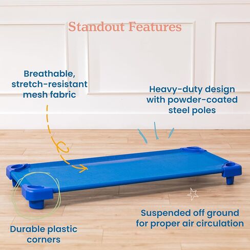 ECR4Kids Stackable Kiddie Cots and Sheets with Universal Cot Trolley, Standard Size, Ready-to-Assemble, Daycare Essentials, Blue, 6-Pack in Kuwait
