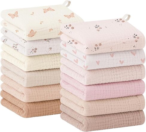 Bearmoss 12 Pack Baby Muslin Washcloths, 100% Cotton Soft Face Towels, 10"x10" Absorbent Bath Wash Cloths and Burp Cloths for Newborn Infants Kids Girls & Boys (Pink) in Kuwait