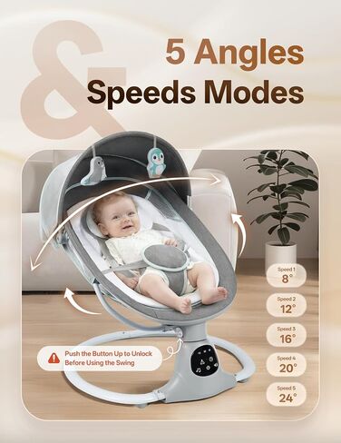 Electric Baby Swing for Infants to Toddler, 0-9 Months Portable Swing Rocker 5 Sway Speed, Bluetooth,12 Preset Lullabies with Remote Control, Infant Swing for Baby Boys & Girls, Grey in Kuwait