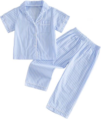 Kuriozud Toddler Baby Girl Boy Pajamas Set Summer Striped Short Sleeve Button Down Shirt Top Pants 2pcs Pjs Sets Sleepwear in Kuwait