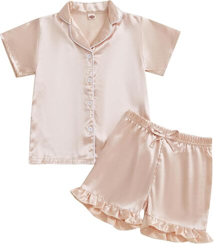 fyclemt Toddler Baby Girl Boy Silk Pajamas Set Solid Color Short Sleeve Button Shirts Top Shorts Satin Sleepwear Lounge Sets in Kuwait