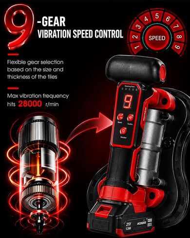 Cordless Electric Tile Vibration Tool 280cm, 882lbs/400kg Suction Power, 28,000 RPM, 9-Speed Adjustable, Handheld Automatic Tile Vibrator for Tiling Leveling Laying,2 Batteries Included in Kuwait