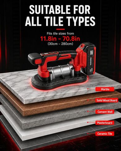 Cordless Electric Tile Vibration Tool 280cm, 882lbs/400kg Suction Power, 28,000 RPM, 9-Speed Adjustable, Handheld Automatic Tile Vibrator for Tiling Leveling Laying,2 Batteries Included in Kuwait