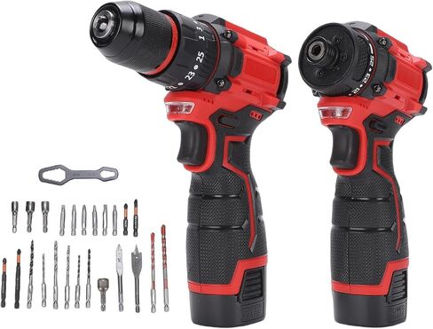 16.8V Screwdriver and Electric Drill Set, With 3 Batteries, 25 Accessories and Tool Bag, for Home DIY, Woodworking, Red in Kuwait