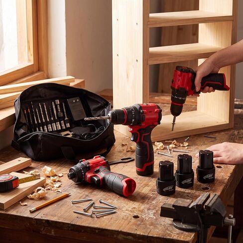 16.8V Screwdriver and Electric Drill Set, With 3 Batteries, 25 Accessories and Tool Bag, for Home DIY, Woodworking, Red in Kuwait