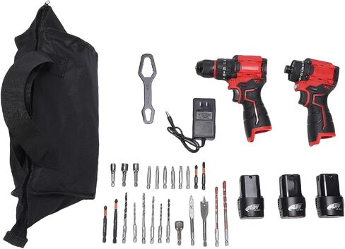 16.8V Screwdriver and Electric Drill Set, With 3 Batteries, 25 Accessories and Tool Bag, for Home DIY, Woodworking, Red in Kuwait