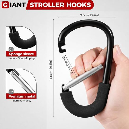 6.5-Inch Stroller Hooks for Bags, 2-Pack Extra Large Heavy-Duty Carabiner Clips, Universal Pram Accessories for Moms in Kuwait