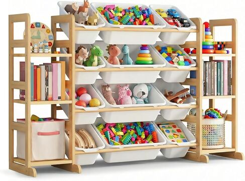 Kiddocood Kids Toy Storage Organizer with 12 Bins, 100% Solid Wood - Natural Finish Montessori Toy Organizer, BPA Free, CPC & TIC Certified Playroom Organization for Living Room & Nursery, 52.3" in Kuwait