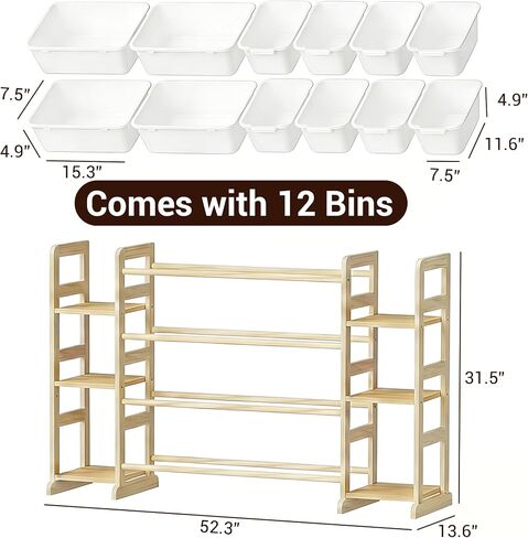 Kiddocood Kids Toy Storage Organizer with 12 Bins, 100% Solid Wood - Natural Finish Montessori Toy Organizer, BPA Free, CPC & TIC Certified Playroom Organization for Living Room & Nursery, 52.3" in Kuwait