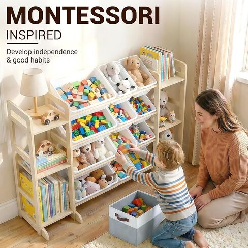 Kiddocood Kids Toy Storage Organizer with 12 Bins, 100% Solid Wood - Natural Finish Montessori Toy Organizer, BPA Free, CPC & TIC Certified Playroom Organization for Living Room & Nursery, 52.3" in Kuwait