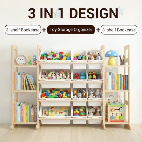 Kiddocood Kids Toy Storage Organizer with 12 Bins, 100% Solid Wood - Natural Finish Montessori Toy Organizer, BPA Free, CPC & TIC Certified Playroom Organization for Living Room & Nursery, 52.3" in Kuwait