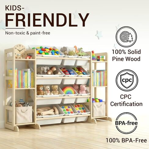 Kiddocood Kids Toy Storage Organizer with 12 Bins, 100% Solid Wood - Natural Finish Montessori Toy Organizer, BPA Free, CPC & TIC Certified Playroom Organization for Living Room & Nursery, 52.3" in Kuwait