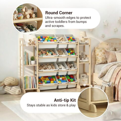 Kiddocood Kids Toy Storage Organizer with 12 Bins, 100% Solid Wood - Natural Finish Montessori Toy Organizer, BPA Free, CPC & TIC Certified Playroom Organization for Living Room & Nursery, 52.3" in Kuwait