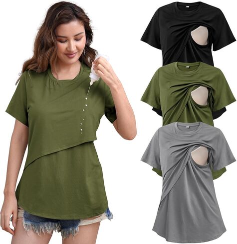 SUNNYBUY Women's Maternity Nursing Tops 3 Pack, Breastfeeding Tee Shirts | Looks Like a Regular Tee, Easy Nursing Access, Water-Repellent to Help Reduce Milk Stains in Kuwait