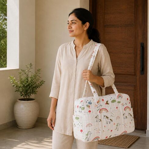 Home Organic Cotton Quilted Baby Diaper Bag, Unicorn Rainbow Print, Waterproof Lining, with Bottle Pouches and Front Pockets in Kuwait