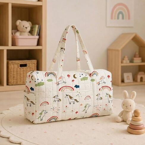 Home Organic Cotton Quilted Baby Diaper Bag, Unicorn Rainbow Print, Waterproof Lining, with Bottle Pouches and Front Pockets in Kuwait