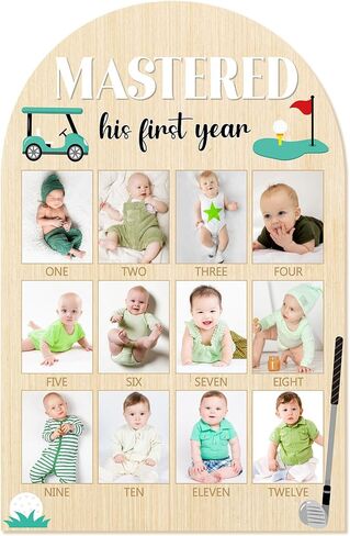 23.6x15.3Inch Mastered First Year Photo Board Golf Birthday Party Wooden Board Decorations 12 Monthly Milestone Picture Frame One Year Old Wood Sign 1st Banner for Baby Keepsake Gift (Fit 4x3in Pic) in Kuwait