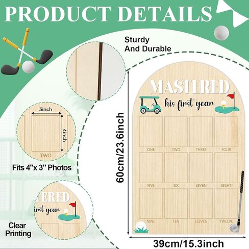 23.6x15.3Inch Mastered First Year Photo Board Golf Birthday Party Wooden Board Decorations 12 Monthly Milestone Picture Frame One Year Old Wood Sign 1st Banner for Baby Keepsake Gift (Fit 4x3in Pic) in Kuwait