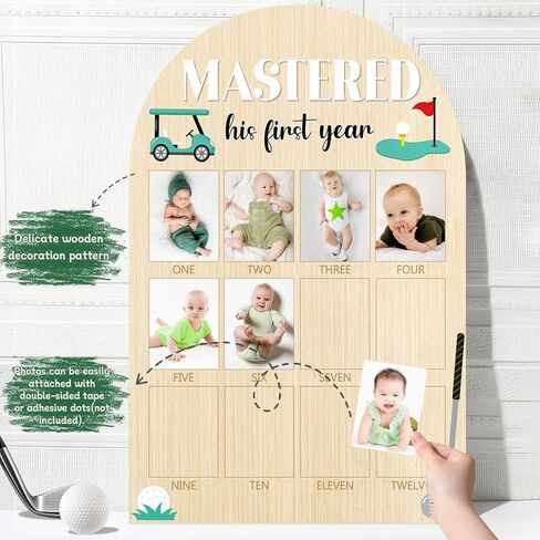 23.6x15.3Inch Mastered First Year Photo Board Golf Birthday Party Wooden Board Decorations 12 Monthly Milestone Picture Frame One Year Old Wood Sign 1st Banner for Baby Keepsake Gift (Fit 4x3in Pic) in Kuwait