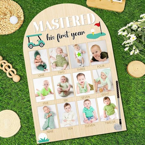 23.6x15.3Inch Mastered First Year Photo Board Golf Birthday Party Wooden Board Decorations 12 Monthly Milestone Picture Frame One Year Old Wood Sign 1st Banner for Baby Keepsake Gift (Fit 4x3in Pic) in Kuwait