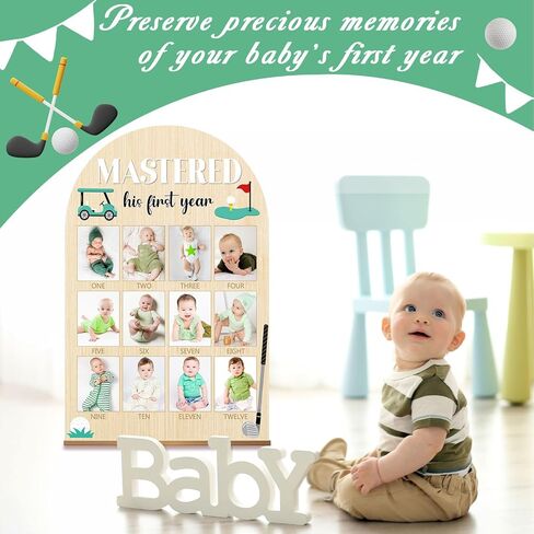 23.6x15.3Inch Mastered First Year Photo Board Golf Birthday Party Wooden Board Decorations 12 Monthly Milestone Picture Frame One Year Old Wood Sign 1st Banner for Baby Keepsake Gift (Fit 4x3in Pic) in Kuwait