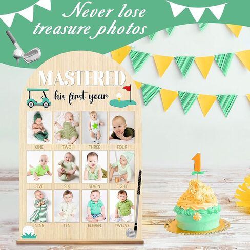 23.6x15.3Inch Mastered First Year Photo Board Golf Birthday Party Wooden Board Decorations 12 Monthly Milestone Picture Frame One Year Old Wood Sign 1st Banner for Baby Keepsake Gift (Fit 4x3in Pic) in Kuwait