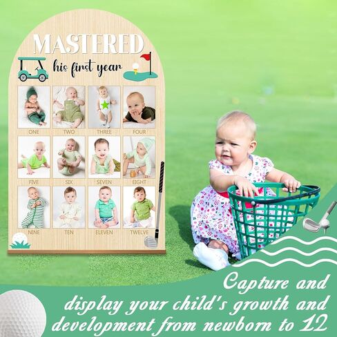 23.6x15.3Inch Mastered First Year Photo Board Golf Birthday Party Wooden Board Decorations 12 Monthly Milestone Picture Frame One Year Old Wood Sign 1st Banner for Baby Keepsake Gift (Fit 4x3in Pic) in Kuwait
