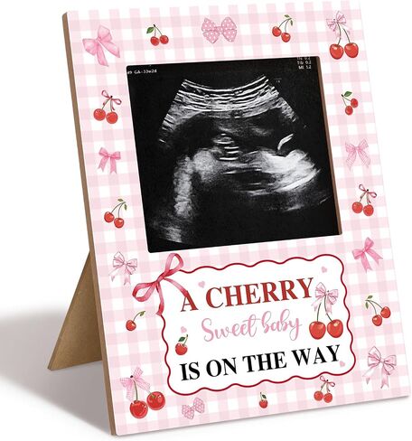 Mifoci Cherry Bow Baby Shower Decorations Pink Bow Baby Shower Sign Picture Frame Ultrasound Photo Frames Cherry Party Decor for Gender Reveal Party Pregnancy Milestone Keepsake in Kuwait