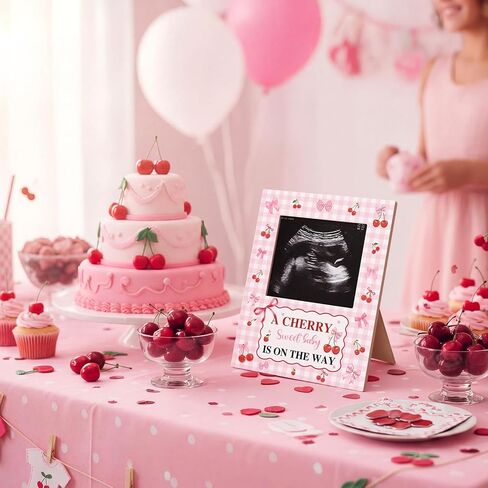 Mifoci Cherry Bow Baby Shower Decorations Pink Bow Baby Shower Sign Picture Frame Ultrasound Photo Frames Cherry Party Decor for Gender Reveal Party Pregnancy Milestone Keepsake in Kuwait
