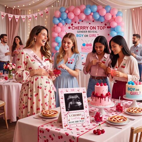 Mifoci Cherry Bow Baby Shower Decorations Pink Bow Baby Shower Sign Picture Frame Ultrasound Photo Frames Cherry Party Decor for Gender Reveal Party Pregnancy Milestone Keepsake in Kuwait