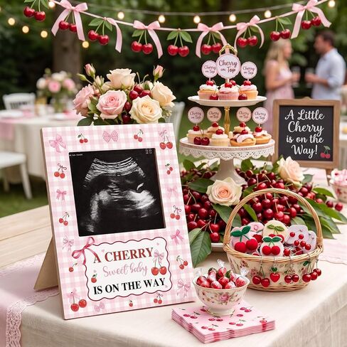 Mifoci Cherry Bow Baby Shower Decorations Pink Bow Baby Shower Sign Picture Frame Ultrasound Photo Frames Cherry Party Decor for Gender Reveal Party Pregnancy Milestone Keepsake in Kuwait