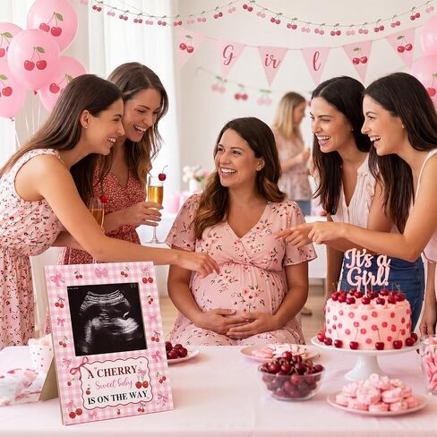 Mifoci Cherry Bow Baby Shower Decorations Pink Bow Baby Shower Sign Picture Frame Ultrasound Photo Frames Cherry Party Decor for Gender Reveal Party Pregnancy Milestone Keepsake in Kuwait