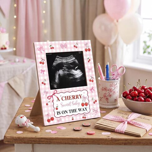 Mifoci Cherry Bow Baby Shower Decorations Pink Bow Baby Shower Sign Picture Frame Ultrasound Photo Frames Cherry Party Decor for Gender Reveal Party Pregnancy Milestone Keepsake in Kuwait