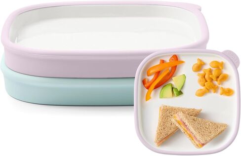 Ello Clean Start Toddler Everything Plate 2 Pack | BPA-Free Ceramic Plates with Silicone Sleeve for Babies/Toddlers | Microwave/Dishwasher Safe, Plastic-Free, High Chair Friendly | Dewdrop/Sugarplum in Kuwait