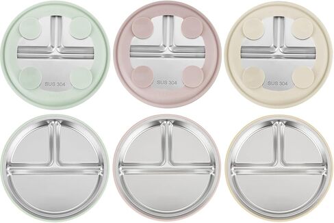 PandaEar 3 Pack Stainless Steel Toddler Plates with Suction, Divided Plates with Removable Silicone Sleeve for Babies & Toddlers（Pink/Green/Linen） in Kuwait