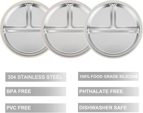 PandaEar 3 Pack Stainless Steel Toddler Plates with Suction, Divided Plates with Removable Silicone Sleeve for Babies & Toddlers（Pink/Green/Linen） in Kuwait