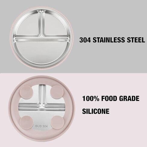 PandaEar 3 Pack Stainless Steel Toddler Plates with Suction, Divided Plates with Removable Silicone Sleeve for Babies & Toddlers（Pink/Green/Linen） in Kuwait