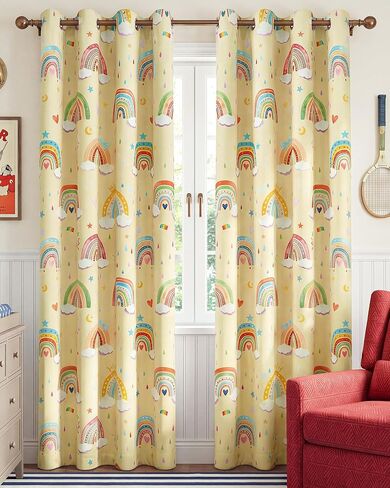 NICETOWN 100% Blackout Rainbow Yellow Curtains, Cartoon Grommet Window Drapes for Kids Bedroom Nursery, Thermal Insulated Room Darkening Treatments, 2 Panels, 52" x 84", Paler Yellow in Kuwait