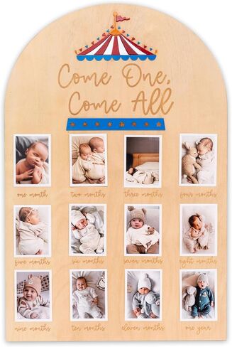 Wooden Carnival-Themed 1st Birthday Photo Board | Come One Come Aee 12-Month Growth Photo Frame, Perfect for Boys' and Girls' 1st Birthday Decorations, Wooden Frame in Kuwait